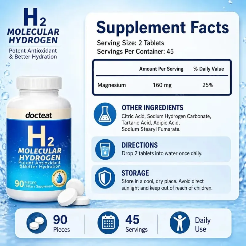 90 adet H2 Moleküler Hidrojen Su Tabletleri Magnezyum ile 160 mg Efervesan İçecek Takviyesi Seyahat Spor Salonu Ev Hidrasyon