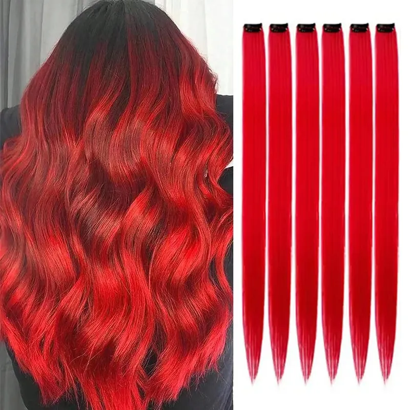 6 Stück/Packung, farbige Party-Highlights, Clip-in-Haarverlängerungen, 22 Zoll, mehrfarbig, glattes Haar, synthetische Haarteile — image 10