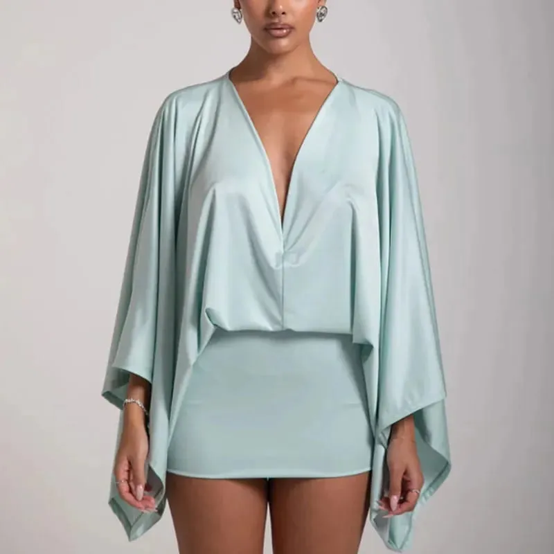 Yeni Sonbahar Şık Derin V Yaka Boho Elbise Retro Katı Eklenmiş Parlama Kollu Balo Elbise Bahar Kadın Kulübü Zarif Slim Fit Mini Elbise — image 5