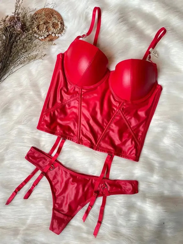 Wriufred Sexy brillant rassemblement soutien-gorge culotte ensemble en cuir petit os en forme de corps Shaper taille ensemble de sous-vêtements rouge Bralette — image 8
