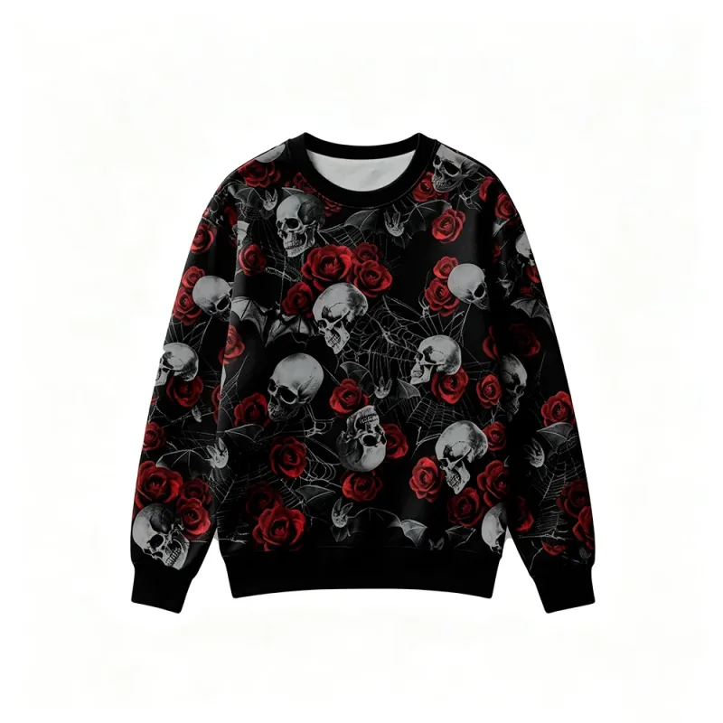 Gothic Style Skeleton Rose Print Sweatshirt Men's Retro Casual Crew Neck Pullover Clothes Harajuku Hip‑hop Street Fashion Tops — image 1