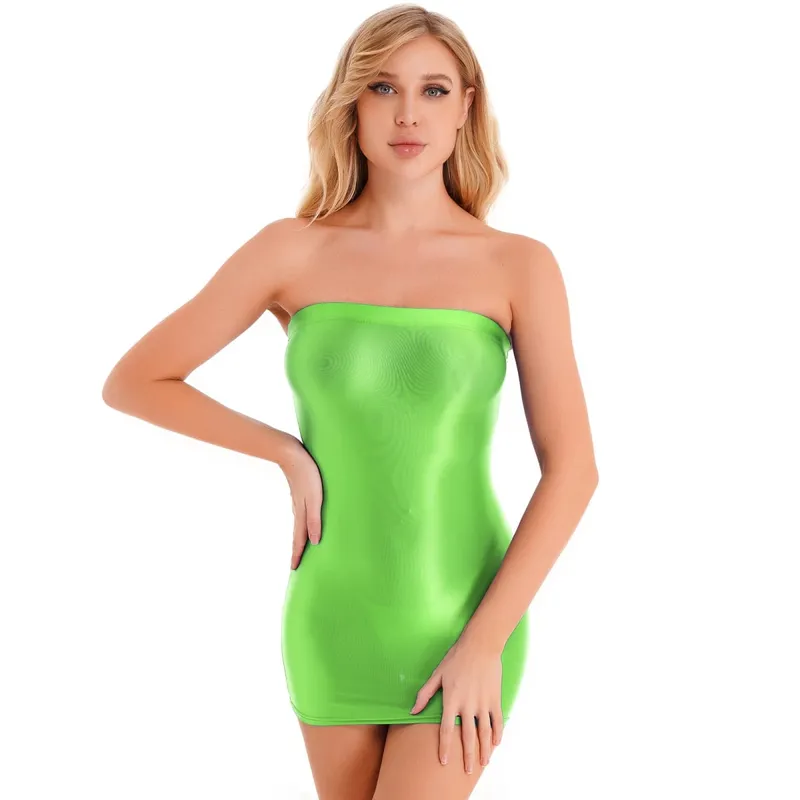 Damska błyszcząca sukienka ołówkowa bez ramiączek jednokolorowa obcisła dopasowana rozciągliwa Bodycon Mini sukienki kostium do klubu nocnego bielizna nocna — image 13