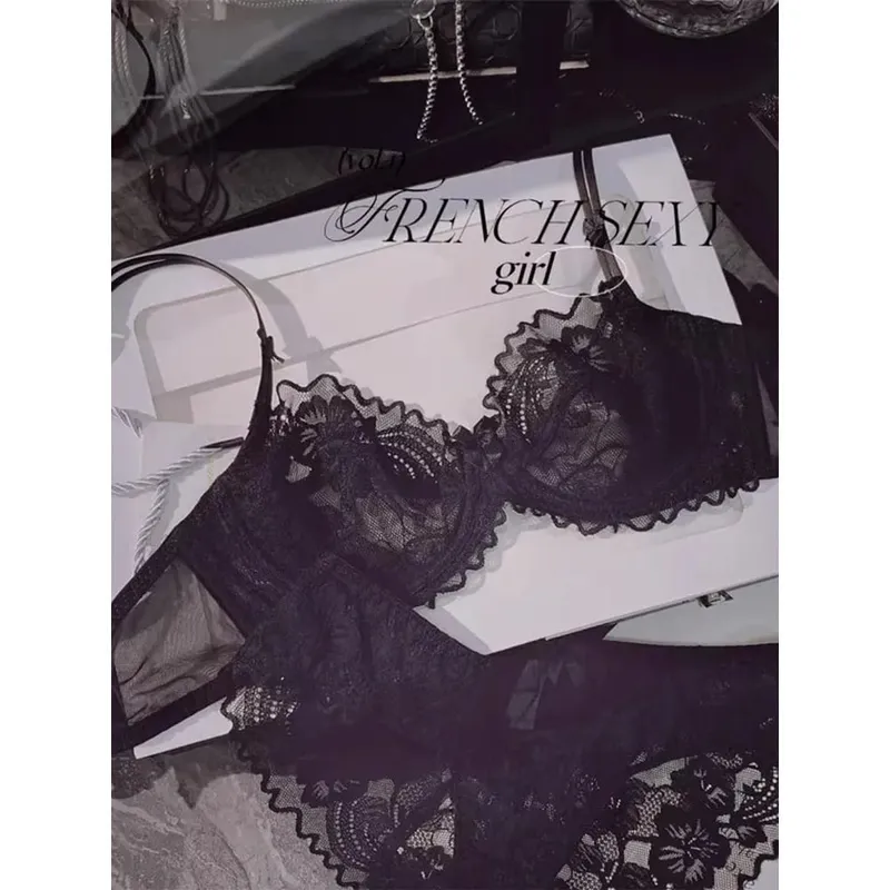 Set Bra Renda Tipis Ultra Nipis Perancis Perspektif Underwire Kecantikan Belakang Peminimum Payudara Besar Set Bra Anti Sag 32-38 Sisi Membentuk Sisi — image 3