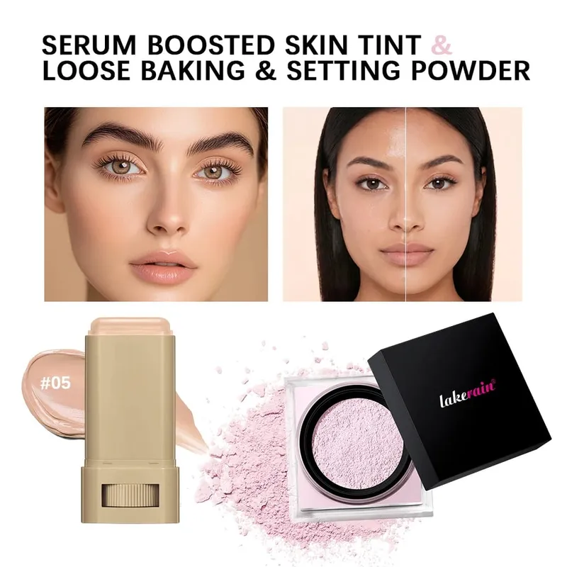 2pcs Foundation Tint Stick & Setting Powder Kit Kosmetik Liputan Kulit Sekata Kawalan Minyak Tahan Lama Kit Makeup Matte