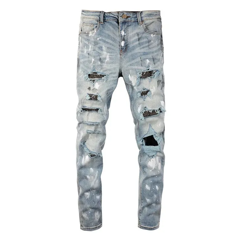 Blue High Street หลุมคริสตัลโปร่งใส Patchwork ยืด Slim Fit Rhinestones แพทช์ Distressed Ripped Graffiti กางเกงยีนส์ผู้ชาย — image 3
