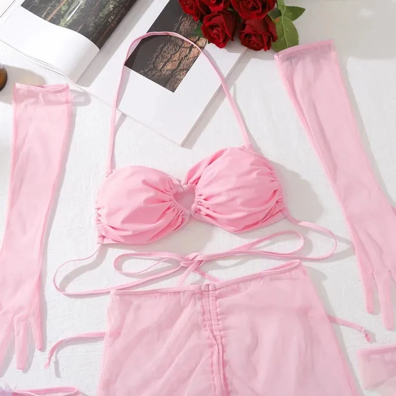 Lingerie ultra sexy, reggiseno con coulisse, bretelle attraenti, romantici guanti con calza ritagliata a farfalla — image 3
