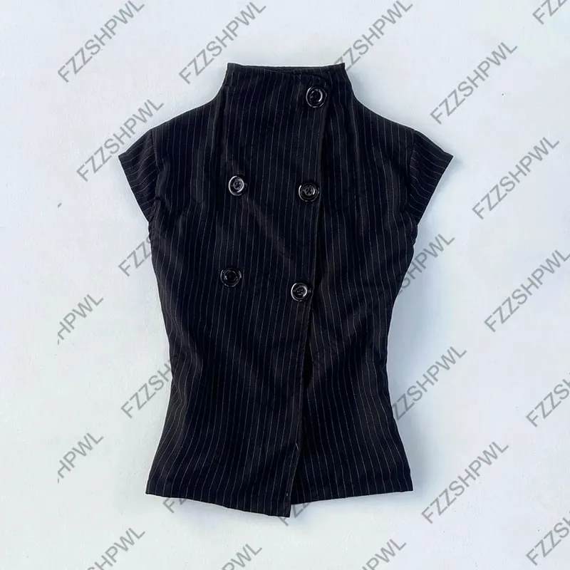 Button Harajuku Y2k Tank Top Streifen Grafikdruck Punk Crop Top Streetwear Rock Goth Weste Subkultur Spicy Girls Ärmelloses Top — image 4