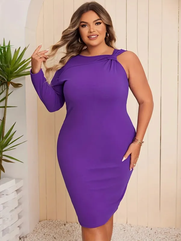 Elegantes lila One-Shoulder-Kleid in Übergröße mit asymmetrischem Ärmeldesign für jeden Anlass — image 6