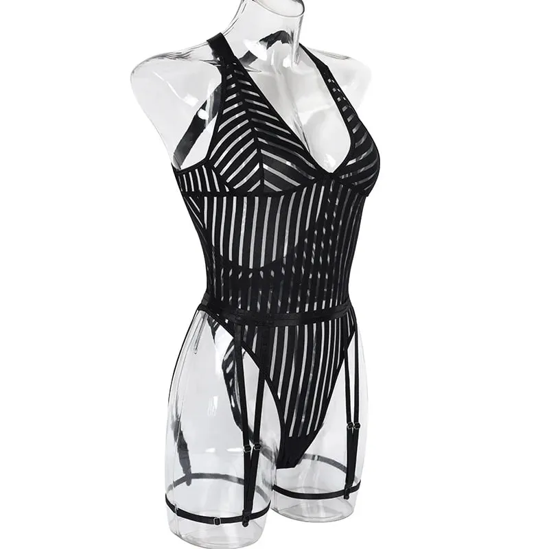 Gestreifter Spitzen-Patchwork-Sexy-Body für Frauen, figurbetont, Spaghettiträger, rückenfrei, Dessous-Body mit Strumpfbändern, Nachtclub-Outfits — image 6