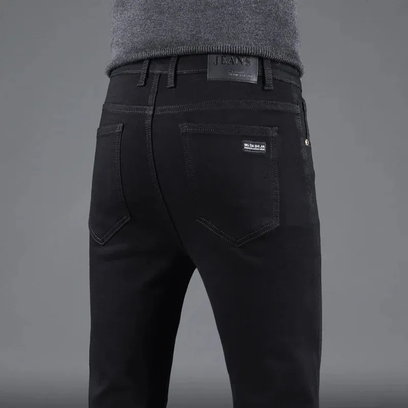 Pantaloni dritti elastici dei jeans slim neri puri dei nuovi uomini di primavera autunno moda business per il tempo libero pantaloni denim vintage coreani maschili — image 2