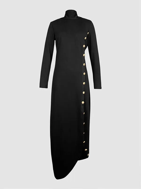 Robe de soirée noire élégante, boutonnée, fendue sur le côté, col haut, mode, manches longues, ample, robes Maxi de bureau, 2026 — image 3