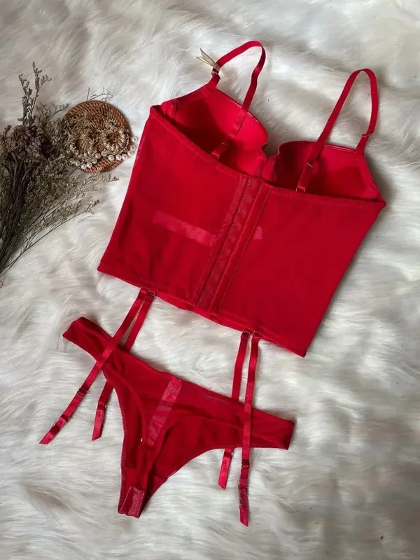 Wriufred Sexy brillant rassemblement soutien-gorge culotte ensemble en cuir petit os en forme de corps Shaper taille ensemble de sous-vêtements rouge Bralette — image 5