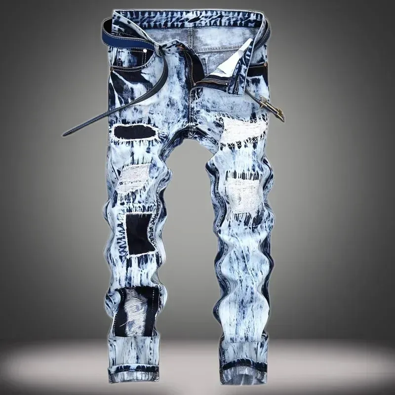 Jean déchiré en Patchwork brodé pour hommes (sans ceinture), pantalon en Denim pour moto, Slim, à la mode, vêtements de styliste pour hommes — image 7