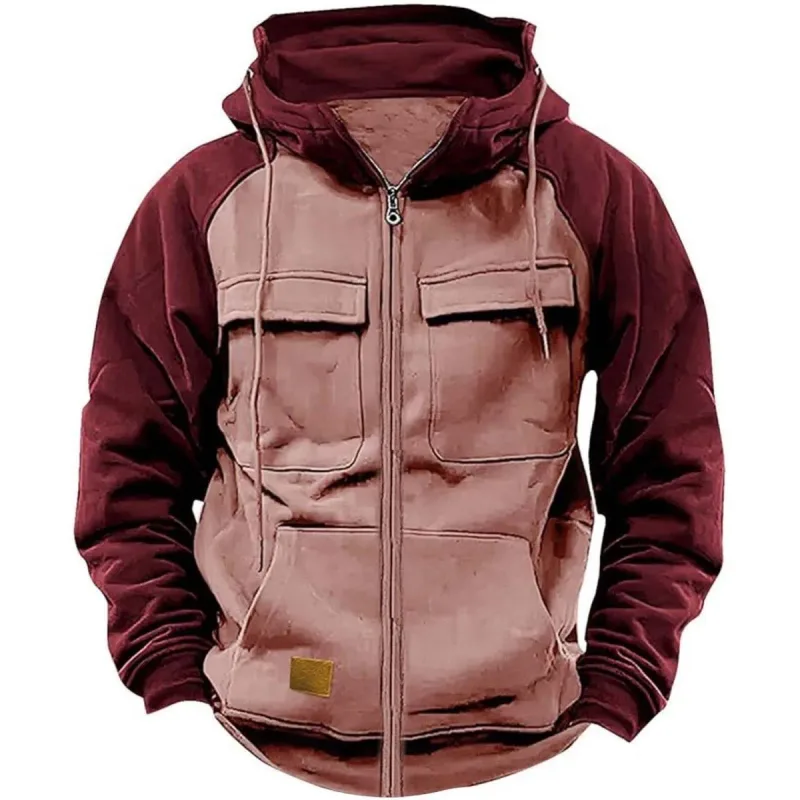 Lelaki Zipper Patchwork Sweatshirt Hangat Fleece Fesyen Berbilang Poket Lelaki Kasual Zip Up Jaket Musim Gugur Musim Sejuk Luar Taktik Hoodie — image 6