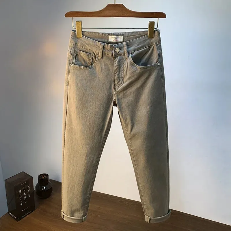 Lette luksus herrejeans 2025 sommer tynd stretch tilspidsede små lige ben afslappet alsidige denim ensfarvede bukser — image 3