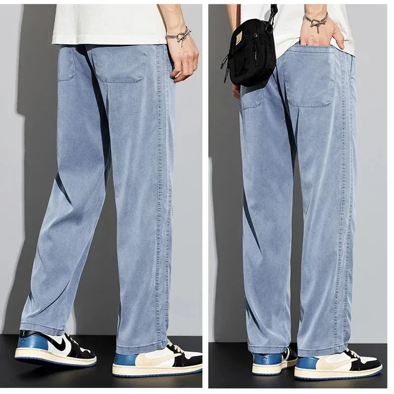 S-5XL 6Style Men's Loose Jeans Summer Soft Lyocell Thin Fabric Straight Pants Drawstring Elastic Waist Korea Casual Trousers Y2K — image 2