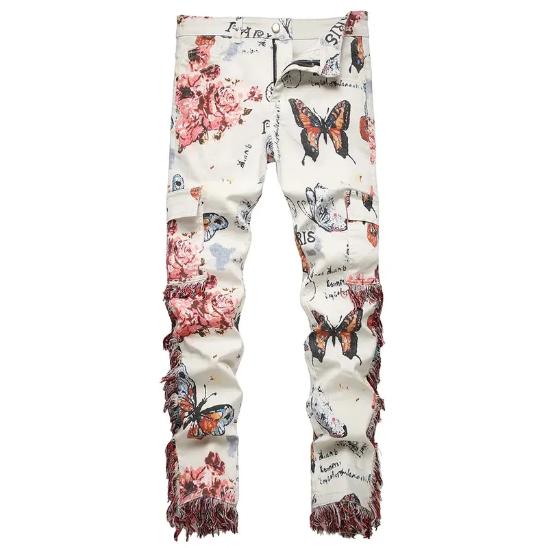 Erkekler Kelebek Baskı Denim Kot Çiçek Desen Beyaz Streç Pamuk İnce Pantolon Püsküller Çok Cepler Kargo Pantolon Kaliteli