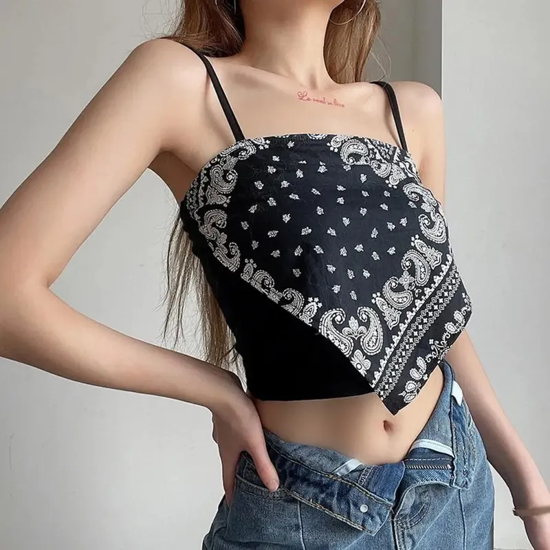 Spaghetti Strap Tank Top Sexy Backless Camisole Printed Blouse Summer Elegant Party Women Camis Korean Style Sexy Short Top