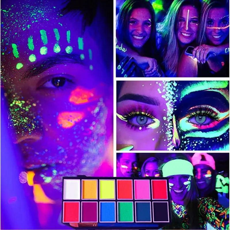 Professional Body Art 12 สีพาสเทลนีออน UV สี Rainbow Split เค้ก Face Paint Palette สำหรับคริสต์มาสฮาโลวีน — image 7