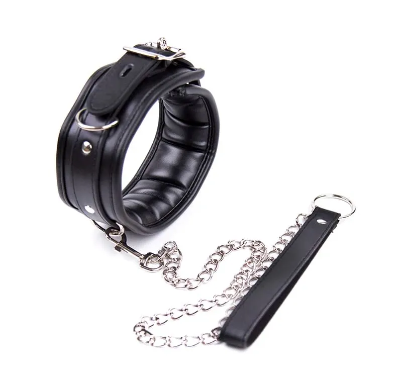 Kołnierz skórzany i żelazny łańcuszek ogniwo gąbkowe wypełnienie Bdsm niewolnik obroże kobiety Bondage kołnierz zabawki erotyczne — image 5