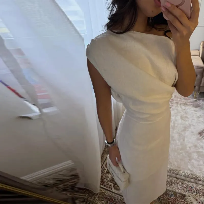 Gaun Pepejal Satu Bahu yang Elegan Gaun Pinggang-cinching Sisi Sebelah Buku lali 2026 Musim Panas Baru Wanita Kasual Jubah Selesa — image 9