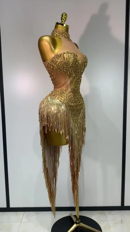 Sexy Stage Costume Sparkly Rhinestone Mesh Transparent Sequins Tassel Evening Birthday Party Nightclub Dance Singer Outfit