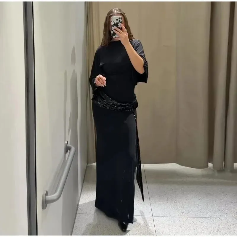 Gaun Maxi Payet Tanpa Belakang Tanpa Belakang Wanita Lengan Lebar Elegan Gaun Panjang Fesyen Baru Jubah Harian Pesta Petang — image 3