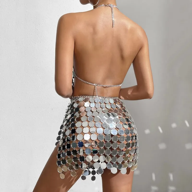 Frauen Pailletten Kette Metall Tops Karneval Backless Metallic Hohl Einstellbare Reflektierende Nachtclub Top Für Frauen топ женский — image 2