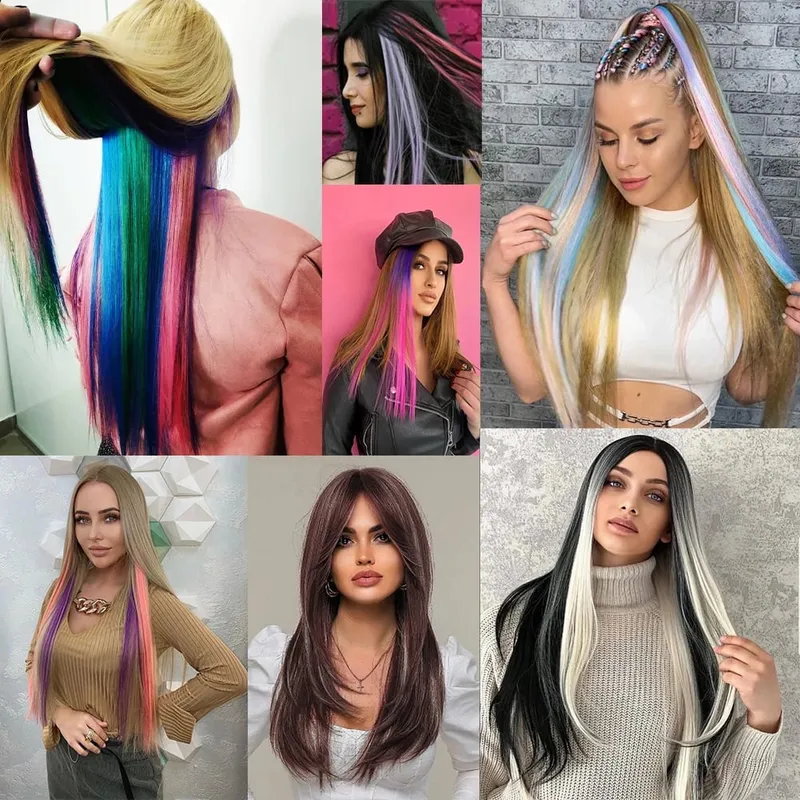 10 PCS Colored Clip in Hair Extensions 22 Inch Rainbow Straight Synthetic Hairpieces For women Cosplay Party Christmas New Year — image 6