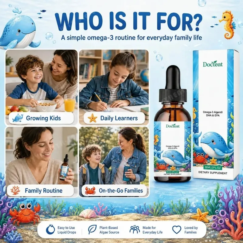 Docteat Rostlinný olej z omega-3 řas DHA EPA tekuté kapky Dětské zdraví mozku Vegan Denní výživa bez GMO Pomeranč 60 porcí
