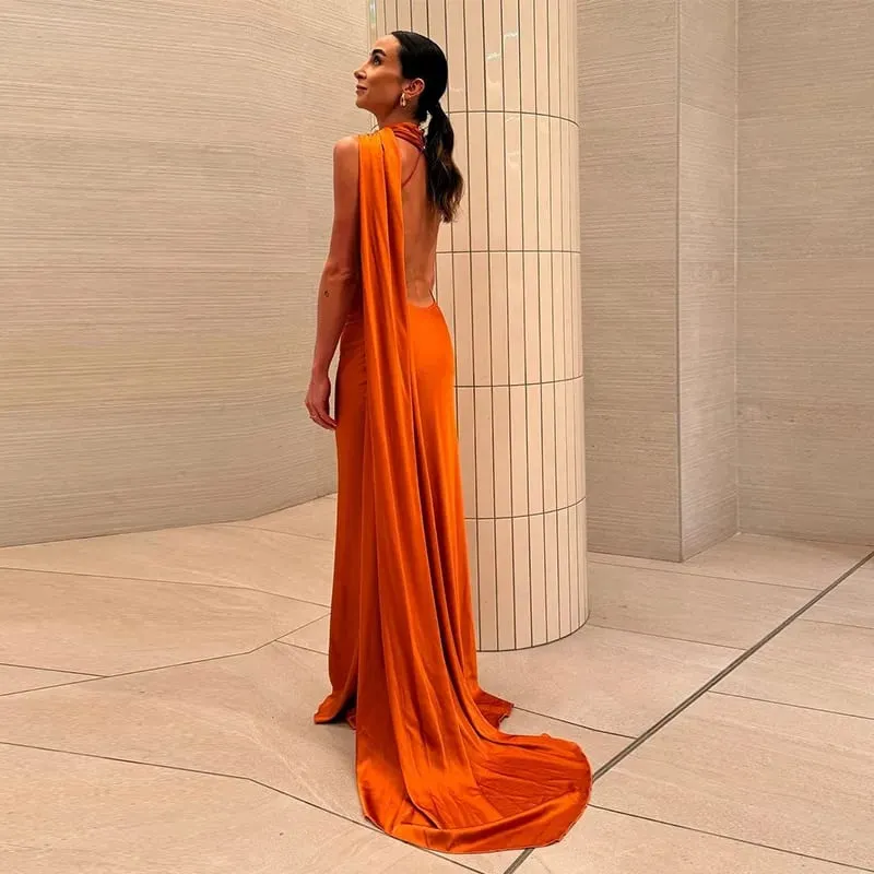 Robe longue en Satin pour femmes, dos nu, col en V, sans manches, fente, couleur unie, Sexy, Robes de soirée, vacances, été, 2026 — image 19