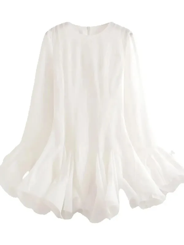 2026 Sommer Kvinders Elegante Flerlags Flæsede Kant-Minikjoler Dame Sød Fransk Stil Lange Flare-ærmer Slim Fit Puffy Robe
