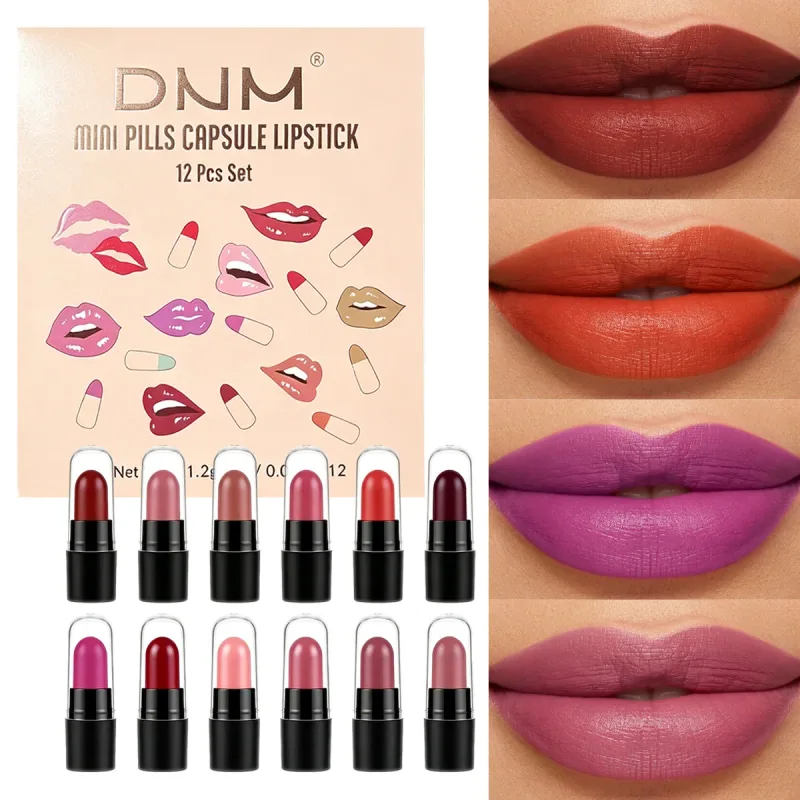 DNM Mini Capsule ลิปสติก 12 สี Matte กันน้ำทนทานและไม่ง่ายที่จะติดถ้วยสี Rendering ลิปสติก