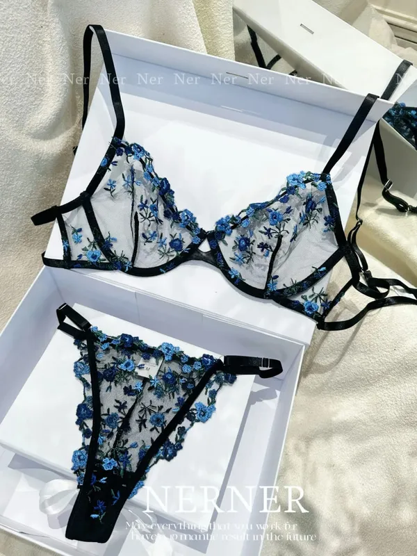 Set Bra Sulaman Renda Bunga Lutsinar Seluar Dalam Minimizer Nipis Musim Panas Lembut Bernafas Payudara Penuh Wanita Di Rumah Pakaian Harian S-XL — image 10