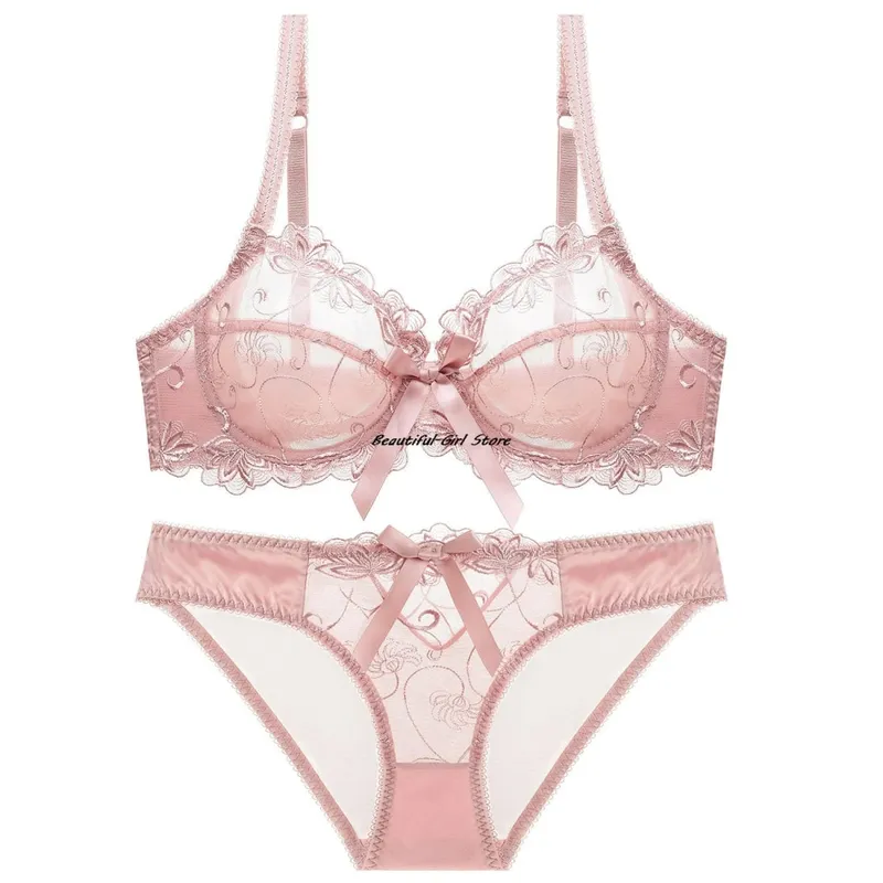 레이스 푸시 업 브래지어 세트 통기성 팬티얇은 메쉬 컵 투명 Behal 란제리 보우 자수 Flora Soutien Gorge — image 7