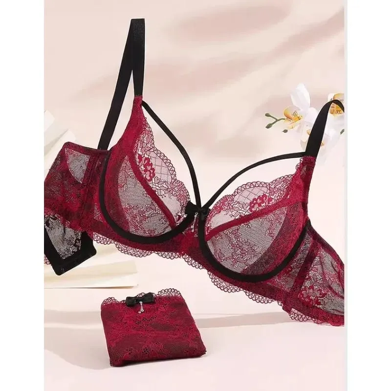 Set reggiseno sexy minimizzatore Coppa piena pizzo ultra sottile raccolto Plus Size 34-42 Seno grande al seno piccolo Supporto Comfort Lingerie — image 2