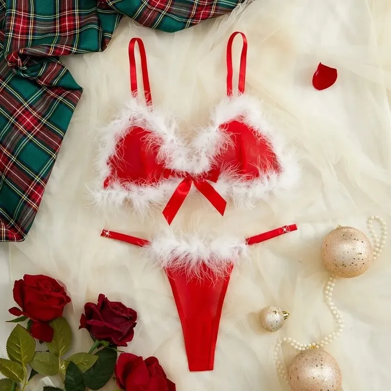 Pakaian Dalam Wanita Berbulu Tanpa Wayar Hiasan Busur Set Pakaian Dalam Jala Seluar Dalam Bra Intim Romantik Lutsinar Sut Hari Valentine — image 4