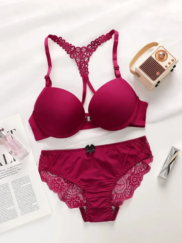Set intimo da donna nero rosso blu con cerchi in acciaio, fibbia anteriore, bellissimo reggiseno pull up posteriore A2128 — image 3