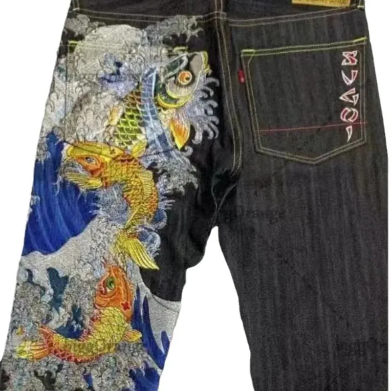 Japanische Hip-Hop-Jeans mit Brokat-Karpfen-Aufdruck, gleicher Stil, Paar-Waschung, hohe Taille, Retro-Freizeithose, lockere Passform, gerade Hose mit weitem Bein — image 6