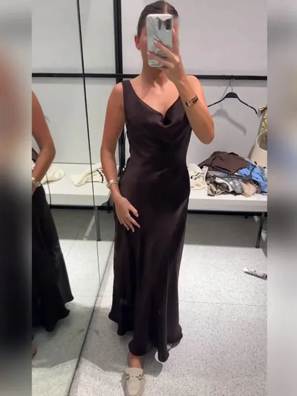 HH Abito longuette da donna in stile vacanza in raso con scollo a V senza schienale Abito estivo femminile elegante con cinturino allacciato — image 5