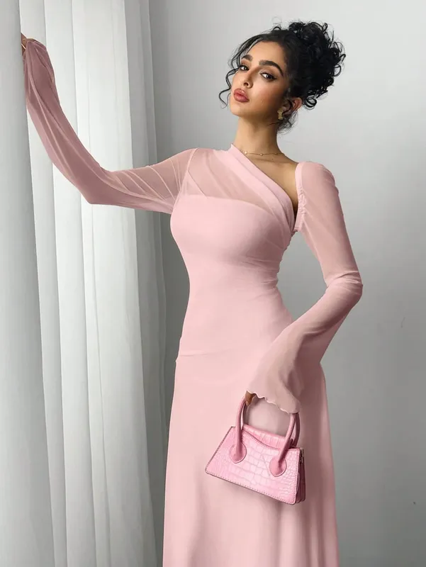 Nuovo abito ultra lungo da donna primavera/estate in tulle rosa esplosione slim con spalla diagonale irregolare — image 5