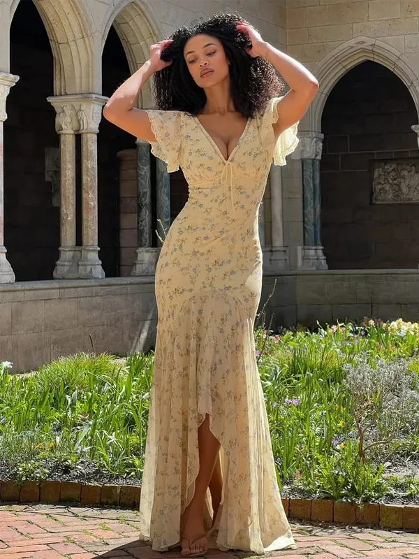 Women Floral Print Chiffon Maxi Dress Romantic Deep V-neck Flutter Sleeve High Low Lace Trim Dress 2026 Summer Elegant Lady Gown — image 3