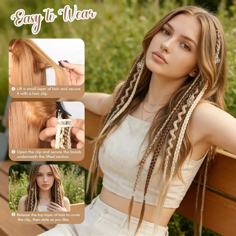 Kẹp trong bím tóc 2 CHIẾC 20Inch Phần mở rộng Dreadlock với Hạt & Dây Xích Viking Boho Bím Tóc cho Lễ Hội Cosplay Hàng Ngày Tạo Kiểu — image 7