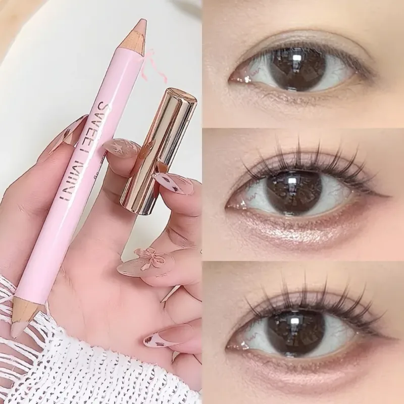Bâton de ver à soie couché à double extrémité, stylo éclaircissant nacré scintillant pour les yeux, Champagne or pêche rose, maquillage naturel pour les yeux, cosmétique — image 2