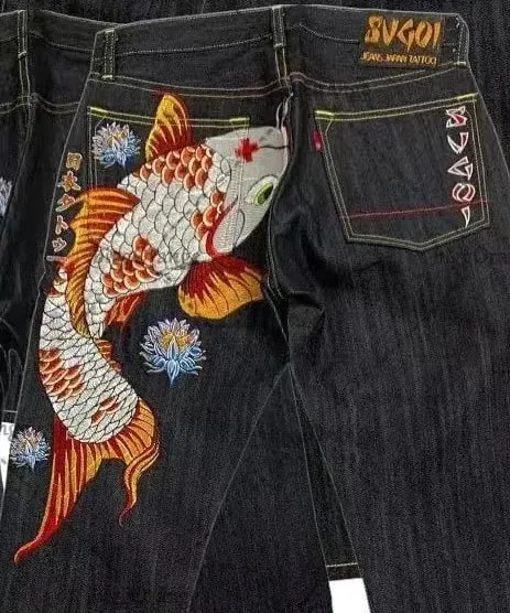 Japanische Hip-Hop-Jeans mit Brokat-Karpfen-Aufdruck, gleicher Stil, Paar-Waschung, hohe Taille, Retro-Freizeithose, lockere Passform, gerade Hose mit weitem Bein