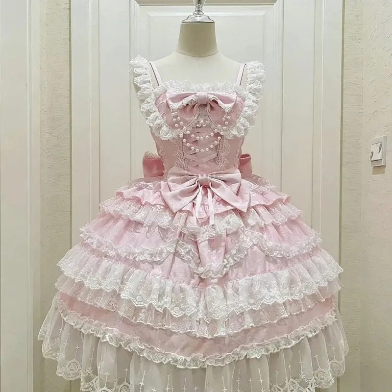 Robe à bretelles Lolita Jks Y2K pour femmes, couleur unie, à volants, nœud en dentelle, Patchwork, princesse Kawaii, robe de bal, longueur aux genoux, fête élégante — image 9