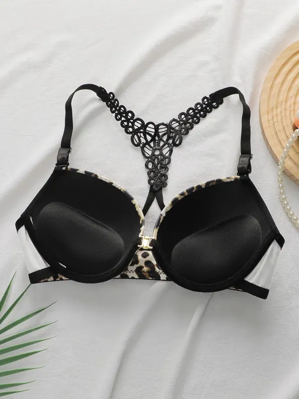 เสือดาวพิมพ์ปิดด้านหน้า Bra ชุด Underwire Push Up ชุดชั้นในชุดผู้หญิงเซ็กซี่ Bralette ลูกไม้และกางเกง 2 ชิ้นชุด — image 4