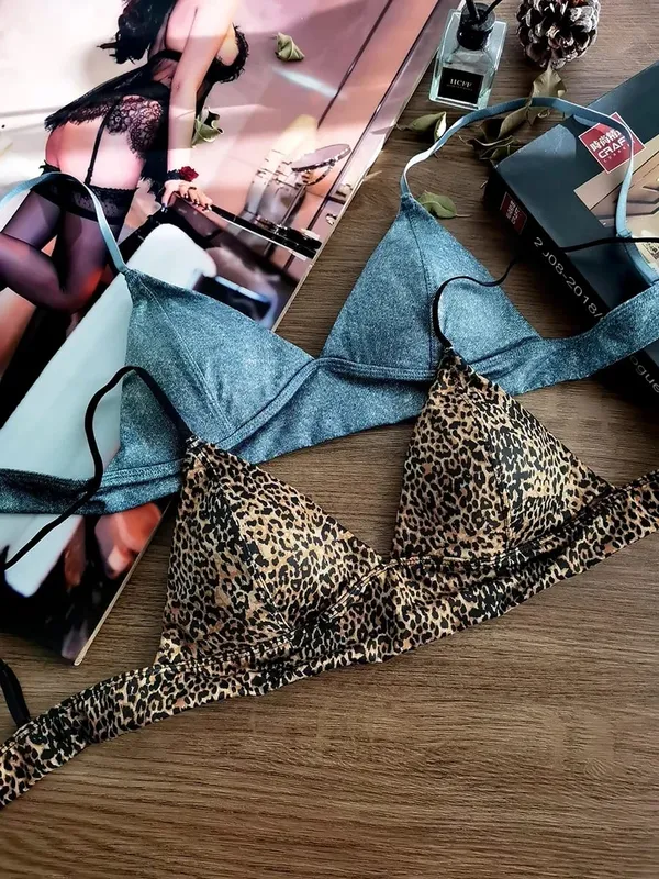 Üçgen Fincan Sutyen Seti Seksi Leopar Baskı Küçük Göğüsler için Ultra Ince Wirefree Bralette ve Külot Lingerie — image 4