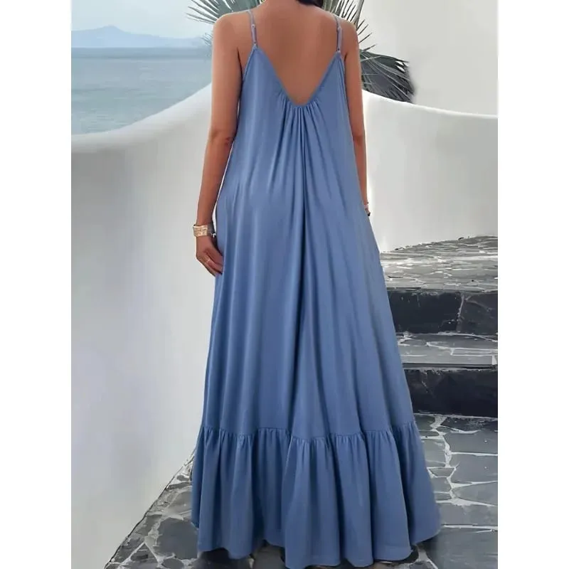Robes d'été 2026 nouvelle couleur unie Spaghetti sangle Maxi robe femmes col en V pour plage fête Resort tenue quotidienne assortie — image 3