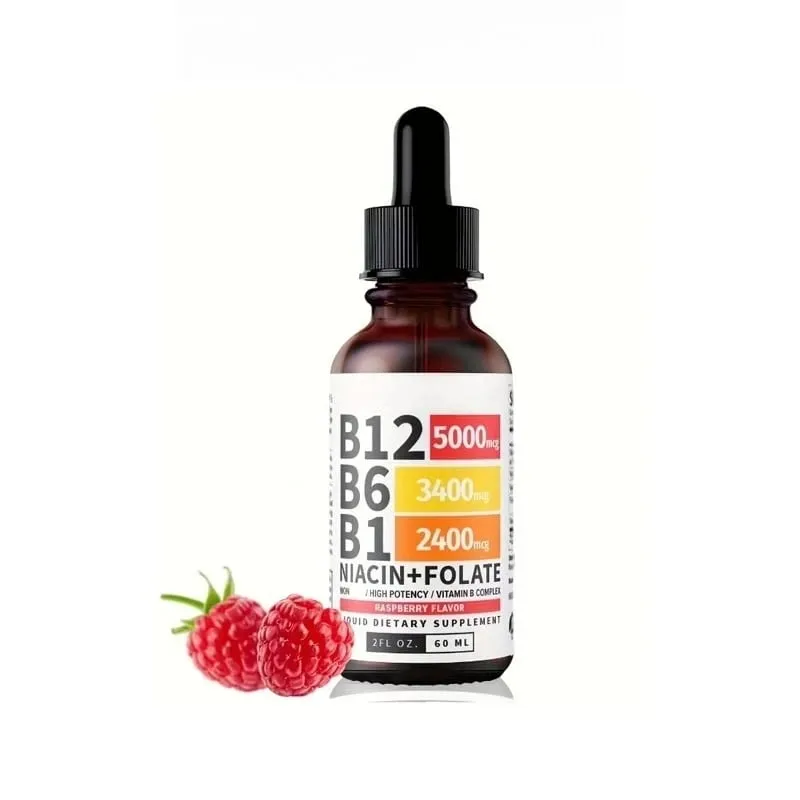 Жидкие капли с витамином B12, 60 мл, со вкусом малины, с витамином B6 + B1 и т. д. Мультивитамины поддерживают восстановление энергии и здоровье мозга и сердца